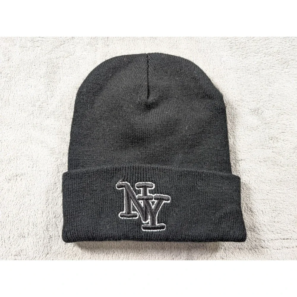 NY New York Beanie Black Knit Hat Cuffed Embroidered Logo Unisex New Acrylic